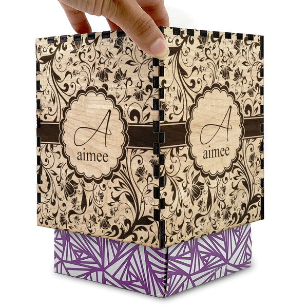 Floral Vine Square Tissue Box Covers - Wood - with box