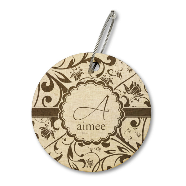 Custom Floral Vine Wood Luggage Tag - Round (Personalized)