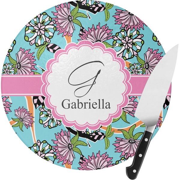Custom Summer Flowers Round Glass Cutting Board - Small (Personalized)