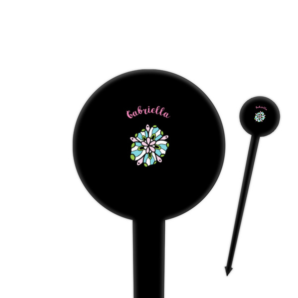 Custom Summer Flowers 4" Round Plastic Food Picks - Black - Double Sided (Personalized)