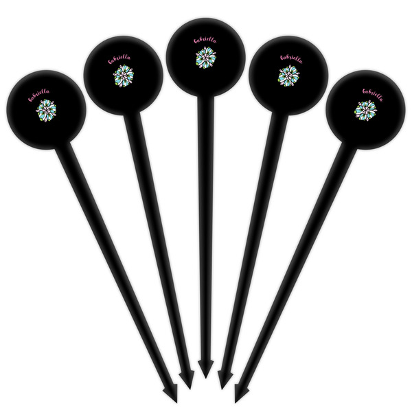 Summer Flowers Black Plastic 4" Food Pick - Round - Fan View