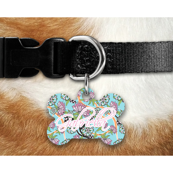 Summer Flowers Bone Shaped Dog Tag on Collar & Dog