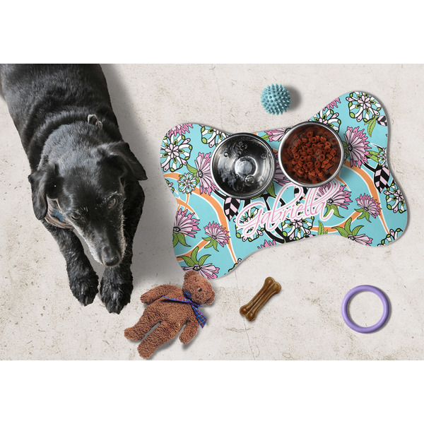 Summer Flowers Bone Shaped Mat w/ Food & Water
