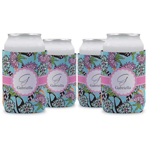 Custom Summer Flowers Can Cooler (12 oz) - Set of 4 w/ Name and Initial