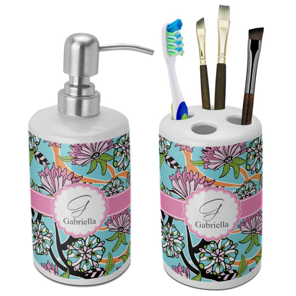 Custom Summer Flowers Ceramic Bathroom Accessories Set (Personalized)