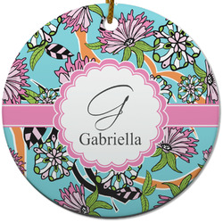 Summer Flowers Round Ceramic Ornament w/ Name and Initial