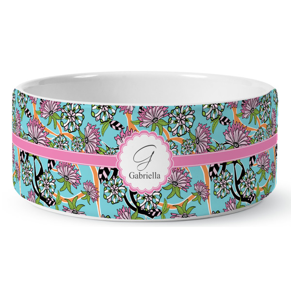 Custom Summer Flowers Ceramic Dog Bowl - Large (Personalized)