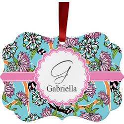 Summer Flowers Metal Frame Ornament - Double Sided w/ Name and Initial