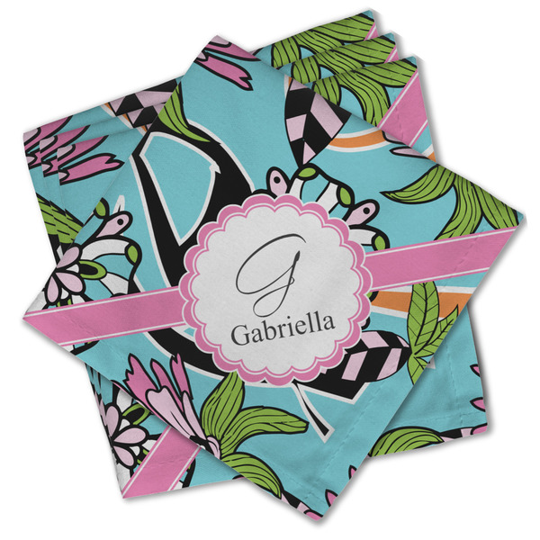 Custom Summer Flowers Cloth Cocktail Napkins - Set of 4 w/ Name and Initial