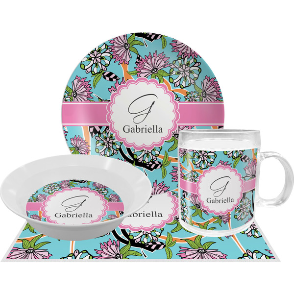 Custom Summer Flowers Dinner Set - Single 4 Pc Setting w/ Name and Initial
