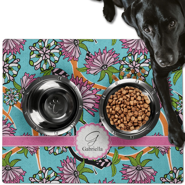 Custom Summer Flowers Dog Food Mat - Large w/ Name and Initial