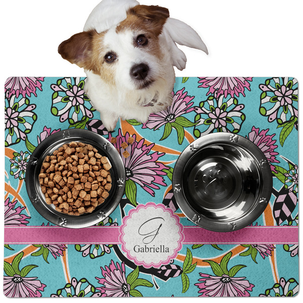 Custom Summer Flowers Dog Food Mat - Medium w/ Name and Initial