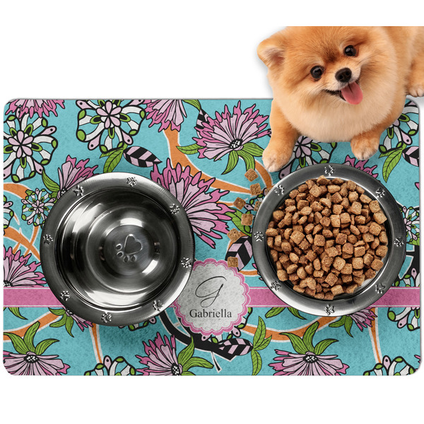 Custom Summer Flowers Dog Food Mat - Small w/ Name and Initial