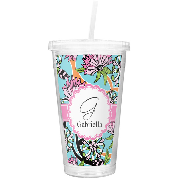 Custom Summer Flowers Double Wall Tumbler with Straw (Personalized)