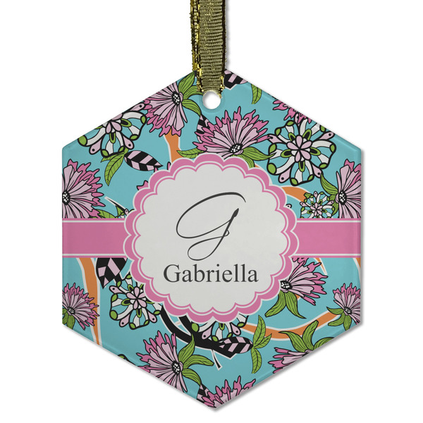 Custom Summer Flowers Flat Glass Ornament - Hexagon w/ Name and Initial