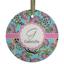 Summer Flowers Flat Glass Ornament - Round w/ Name and Initial