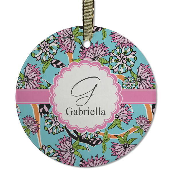 Custom Summer Flowers Flat Glass Ornament - Round w/ Name and Initial
