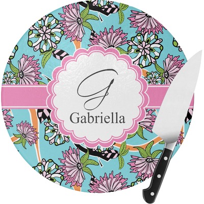 Summer Flowers Round Glass Cutting Board (Personalized)