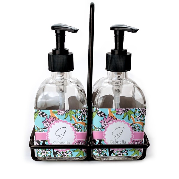 Custom Summer Flowers Glass Soap & Lotion Bottle Set (Personalized)
