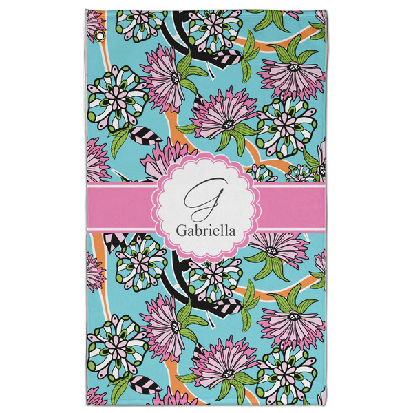 Custom Summer Flowers Golf Towel - Poly-Cotton Blend - Large w/ Name and Initial