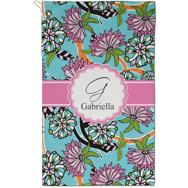 Custom Summer Flowers Golf Towel - Poly-Cotton Blend - Small w/ Name and Initial