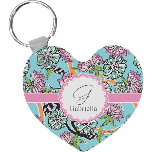 Custom Summer Flowers Heart Plastic Keychain w/ Name and Initial