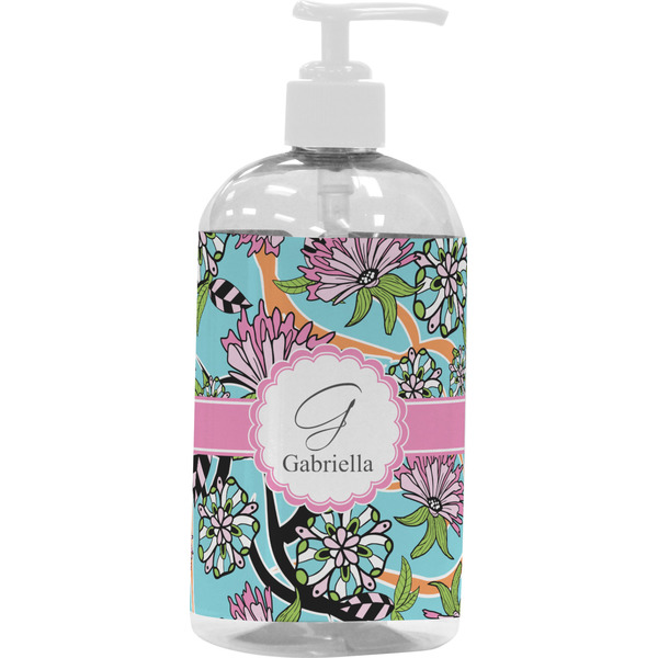 Custom Summer Flowers Plastic Soap / Lotion Dispenser (16 oz - Large - White) (Personalized)