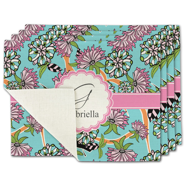 Custom Summer Flowers Single-Sided Linen Placemat - Set of 4 w/ Name and Initial