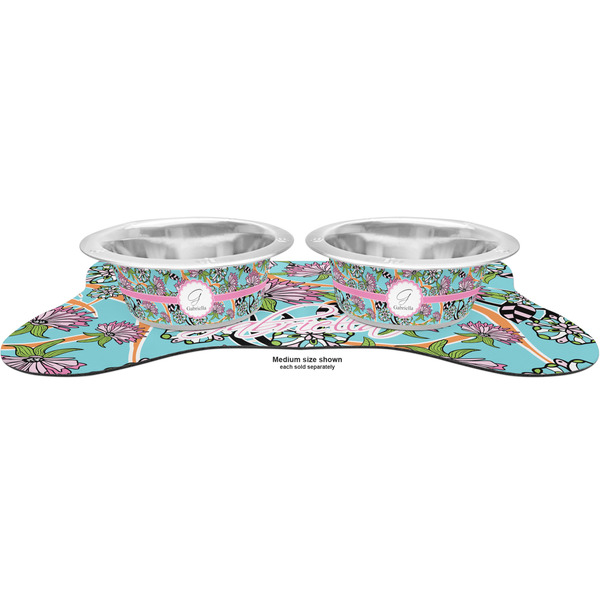 Summer Flowers Metal Pet Bowls - On Dog Bone Shaped Mat