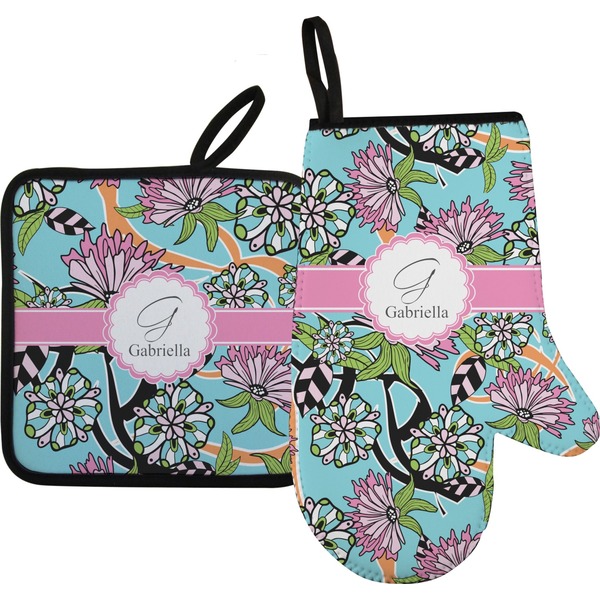 Custom Summer Flowers Right Oven Mitt & Pot Holder Set w/ Name and Initial