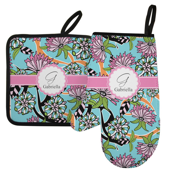 Custom Summer Flowers Left Oven Mitt & Pot Holder Set w/ Name and Initial