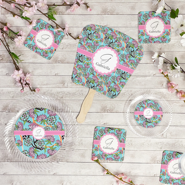 Summer Flowers Party Supplies Combination Image - All items - Plates, Coasters, Fans