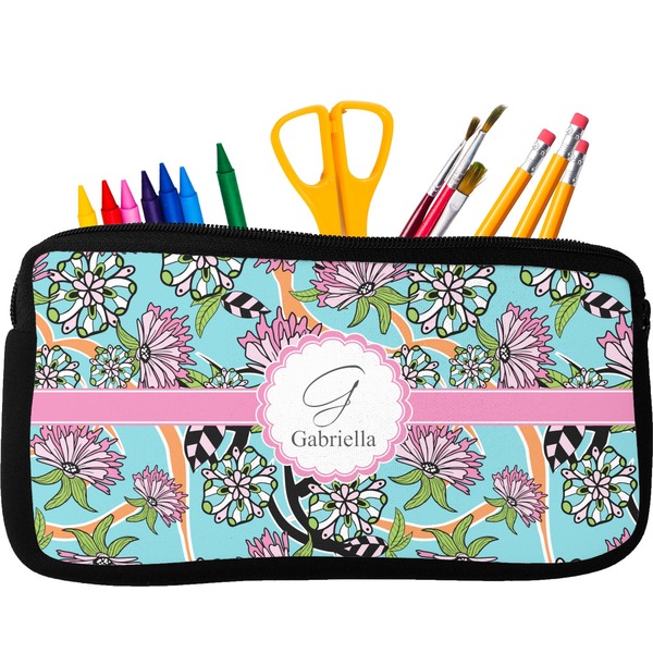 Custom Summer Flowers Neoprene Pencil Case - Small w/ Name and Initial