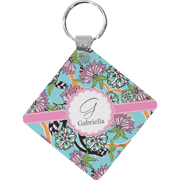 Custom Summer Flowers Diamond Plastic Keychain w/ Name and Initial
