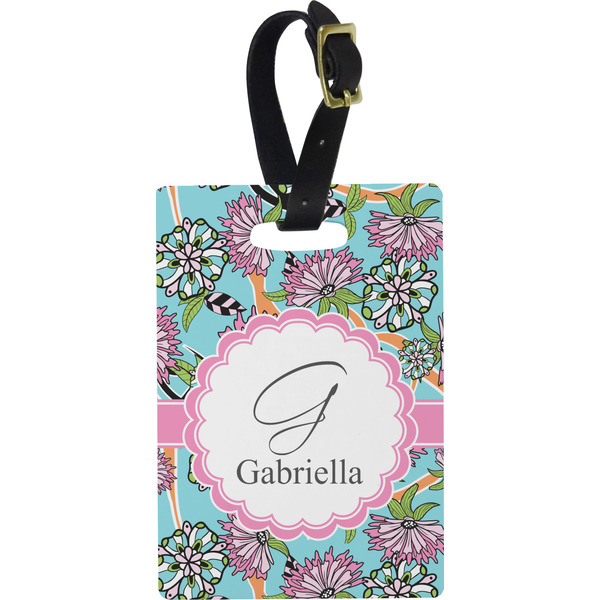 Custom Summer Flowers Plastic Luggage Tag - Rectangular w/ Name and Initial