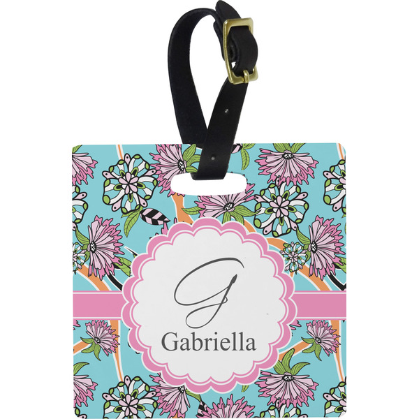 Custom Summer Flowers Plastic Luggage Tag - Square w/ Name and Initial