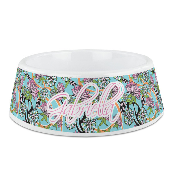 Custom Summer Flowers Plastic Dog Bowl - Medium (Personalized)
