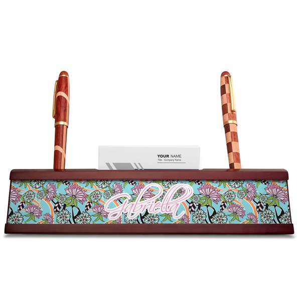 Summer Flowers Red Mahogany Nameplates with Business Card Holder - Straight