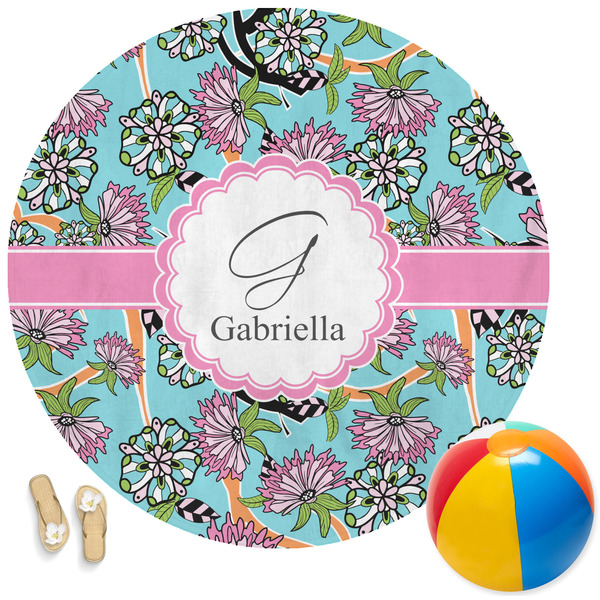 Custom Summer Flowers Round Beach Towel (Personalized)