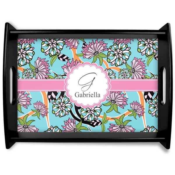 Custom Summer Flowers Black Wooden Tray - Large (Personalized)