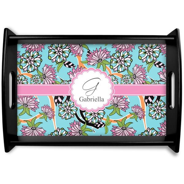 Custom Summer Flowers Black Wooden Tray - Small (Personalized)