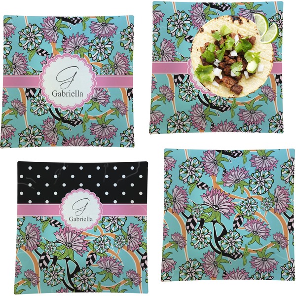 Custom Summer Flowers Set of 4 Glass Square Lunch / Dinner Plate 9.5" (Personalized)