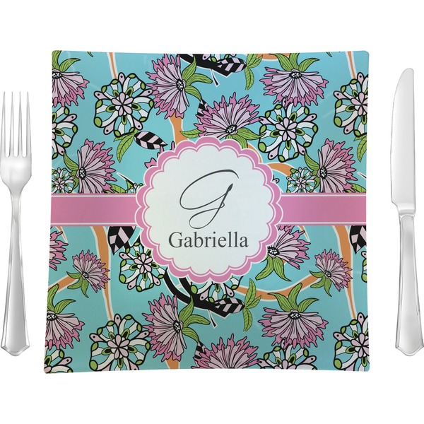 Custom Summer Flowers 9.5" Glass Square Lunch / Dinner Plate- Single or Set of 4 (Personalized)