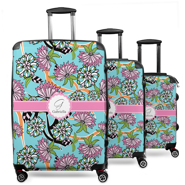 Custom Summer Flowers 3 Piece Luggage Set - 20" Carry On, 24" Medium Checked, 28" Large Checked (Personalized)