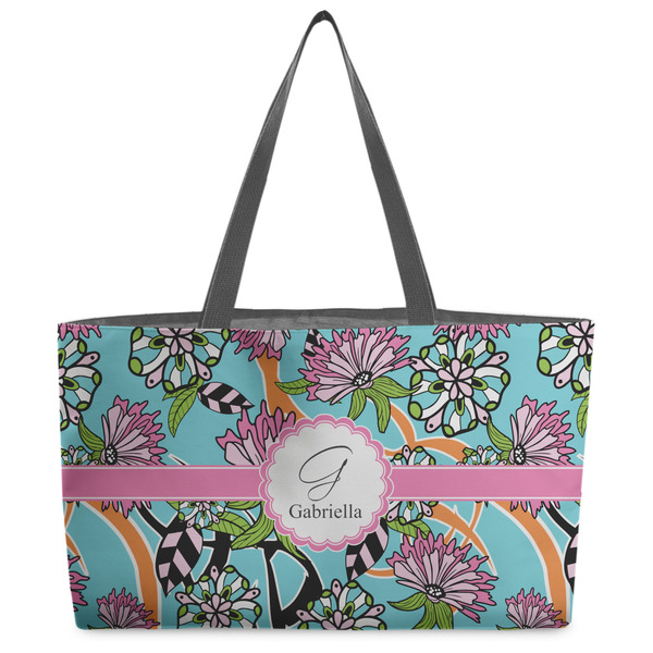 Custom Summer Flowers Beach Totes Bag - w/ Black Handles (Personalized)