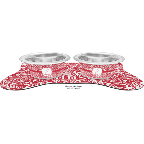 Swirl Metal Pet Bowls - On Dog Bone Shaped Mat