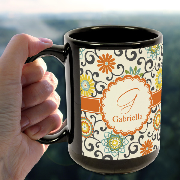 Swirls & Floral 15oz. Black Mug - LIFESTYLE