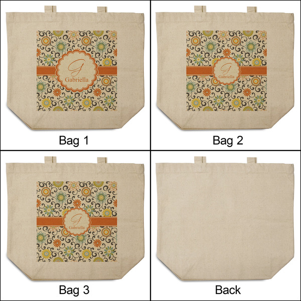 Swirls & Floral 3 Reusable Cotton Grocery Bags - Front & Back View
