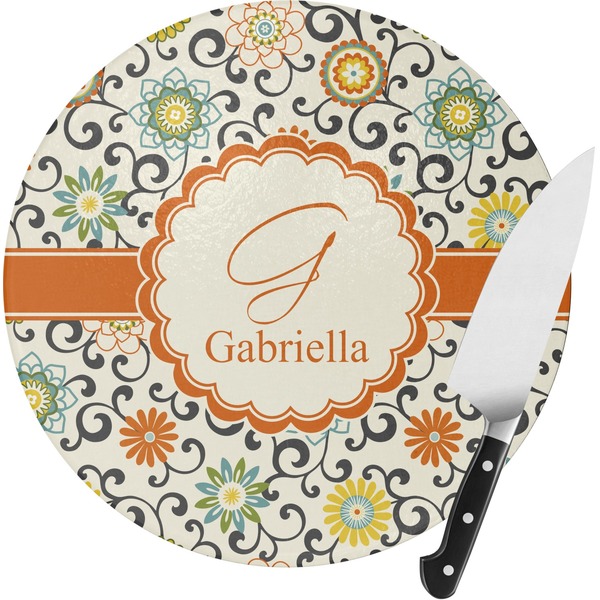 Custom Swirls & Floral Round Glass Cutting Board - Small (Personalized)
