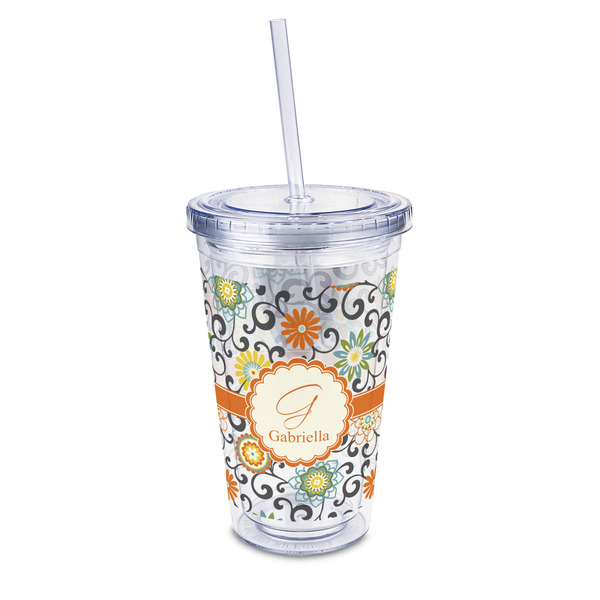 Custom Swirls & Floral 16oz Double Wall Acrylic Tumbler with Lid & Straw - Full Print (Personalized)